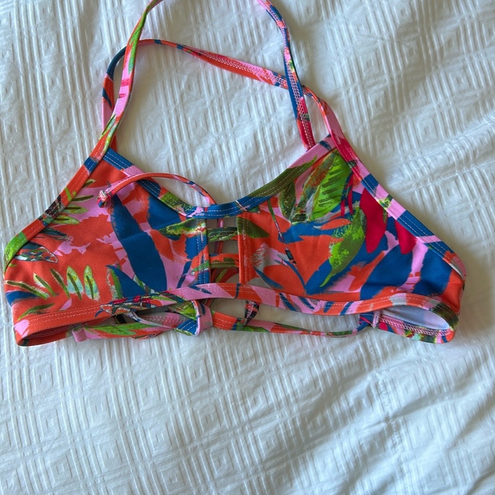 Jolyn Tomcat orange/Blue/green tropical Pattern Bikini Top